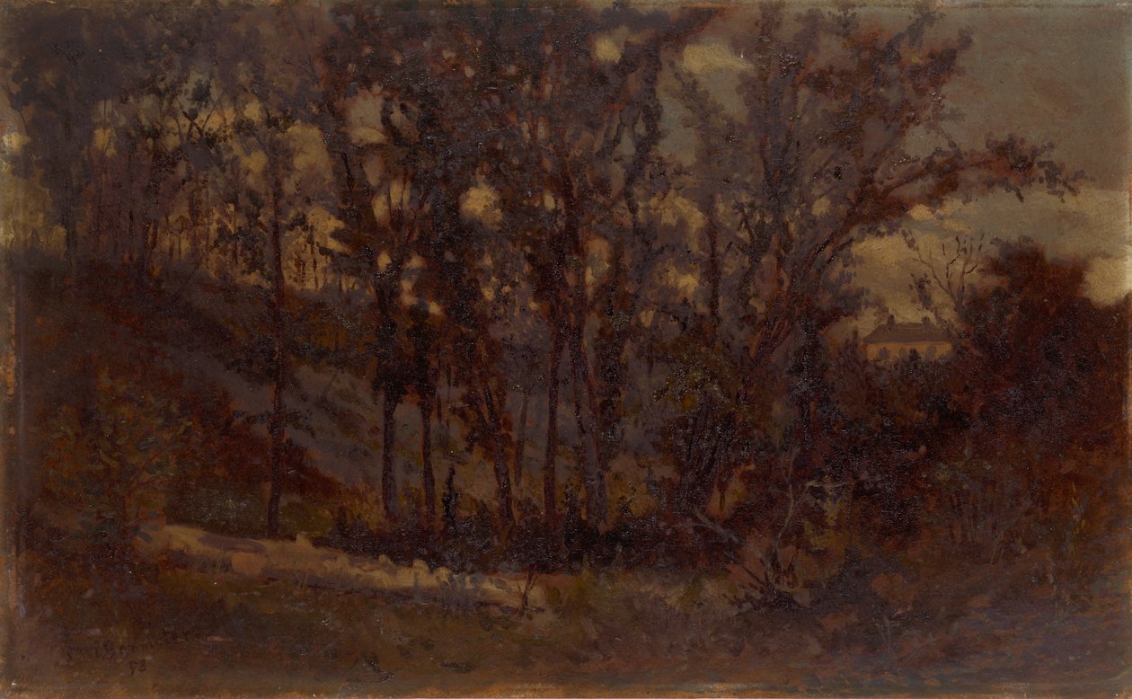 Namnlös skogsscen, fallna träd i förgrunden och hus i bakgrunden, 1873. av Edward Mitchell Bannister