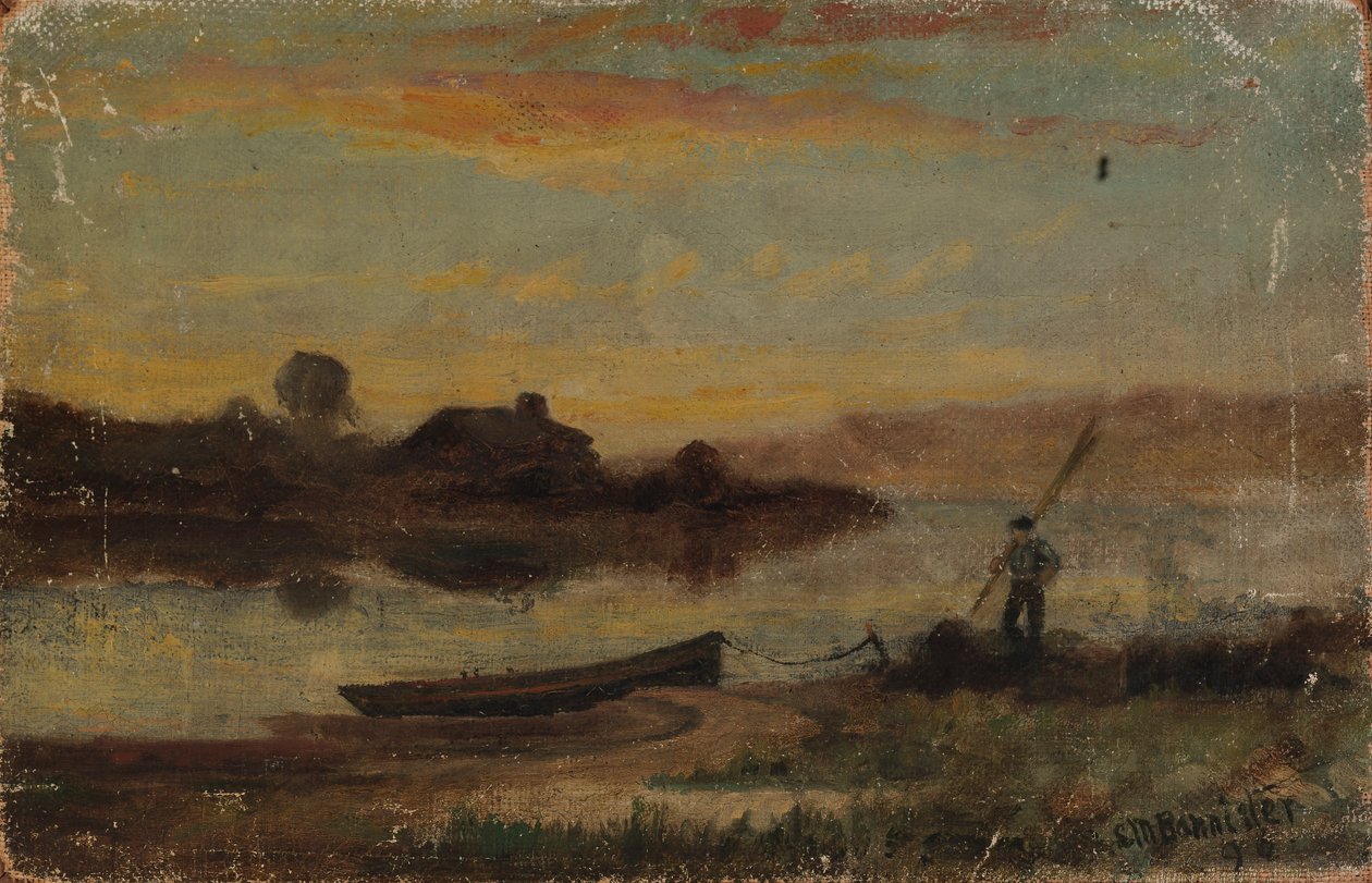 Namnlöst landskap, båt förtöjd nära strand med man som går, 1896. av Edward Mitchell Bannister