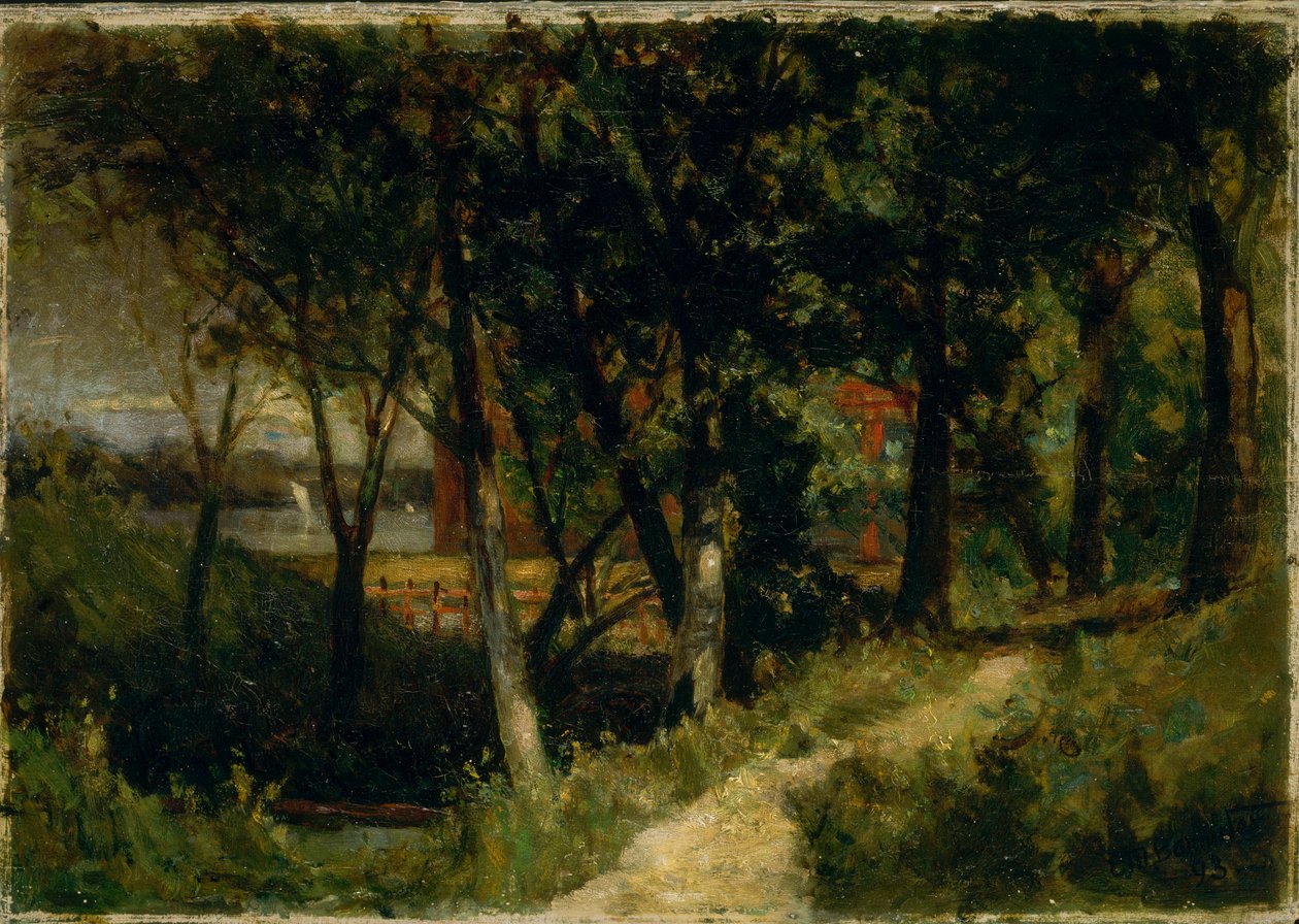 Namnlöst landskap, skogsscen med rött staket och byggnad, 1893. av Edward Mitchell Bannister