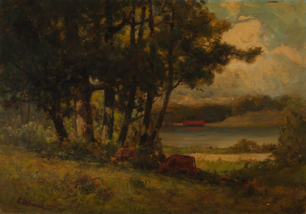 Namnlöst landskap med kor som betar nära floden, 1891. av Edward Mitchell Bannister