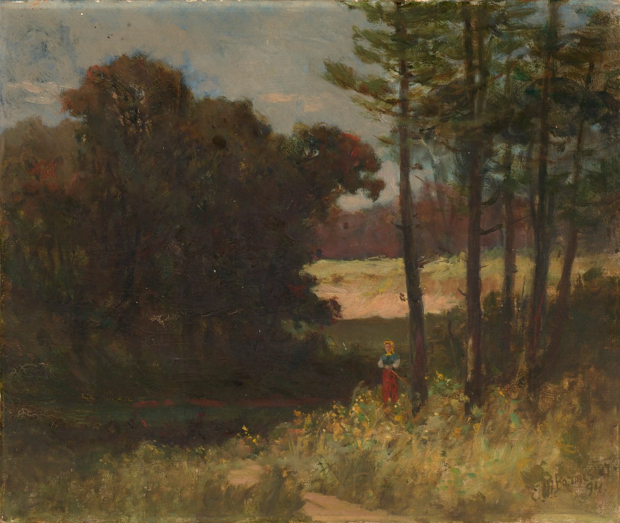 Namnlöst landskap med träd och kvinna, 1894. av Edward Mitchell Bannister