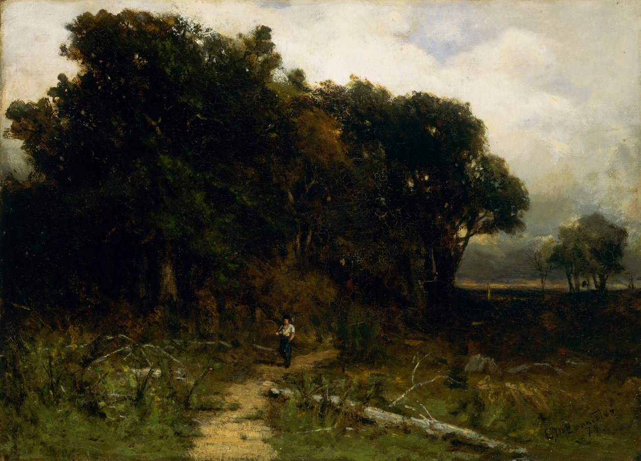 Namnlöst landskap, vedhuggare på stig, 1879. av Edward Mitchell Bannister