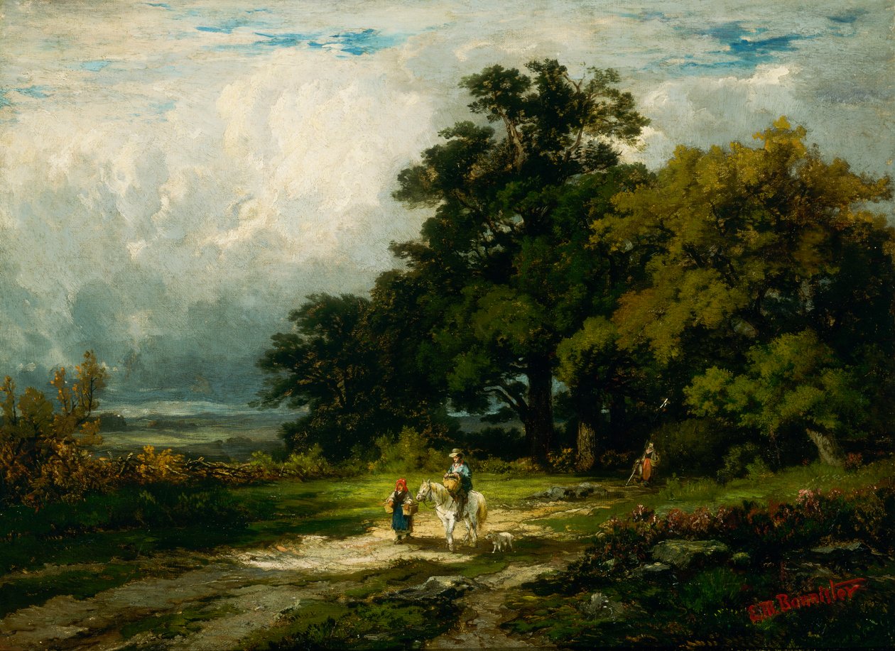 Namnlös man till häst med kvinna och hund. av Edward Mitchell Bannister