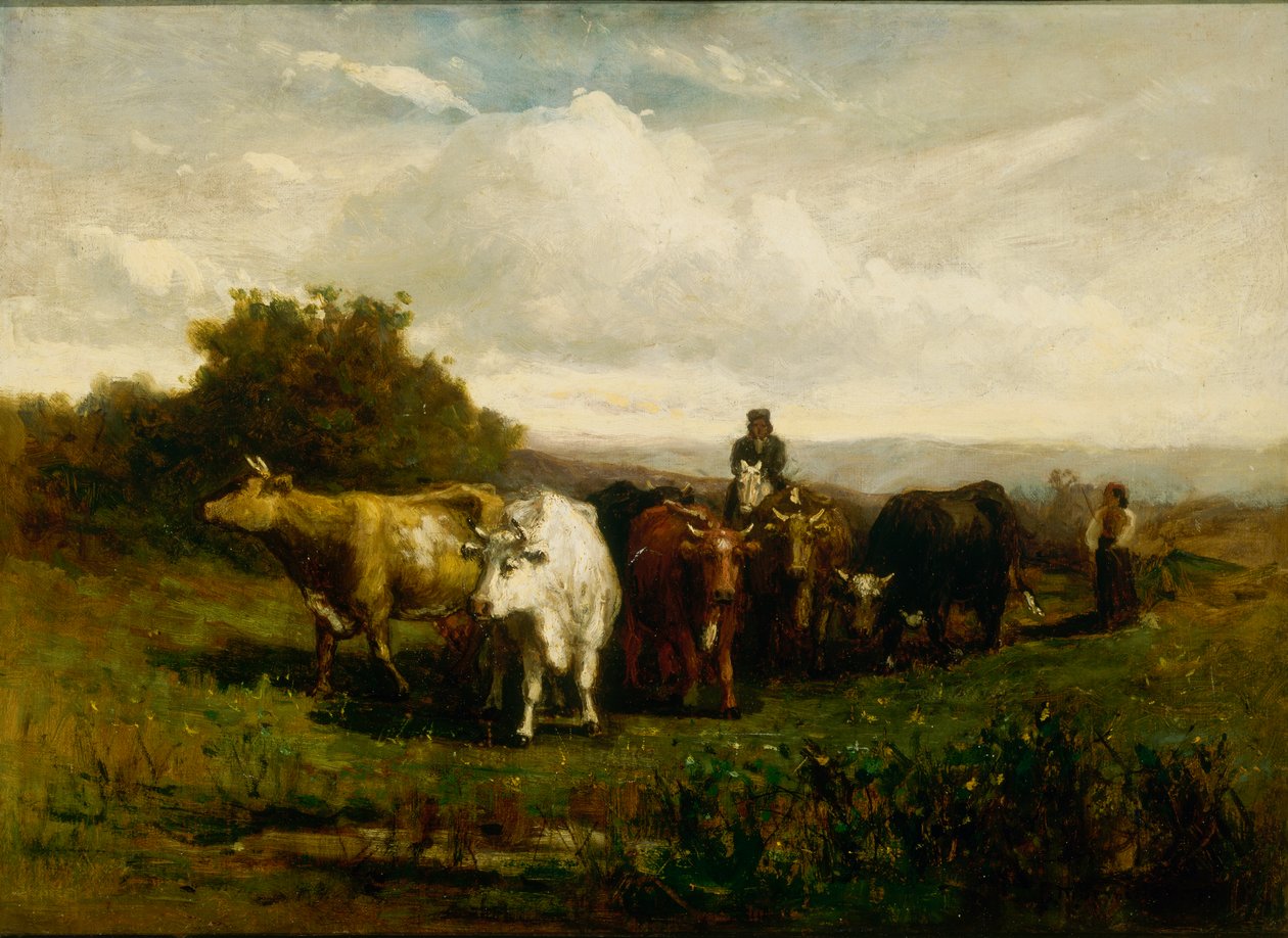 Namnlös man till häst, kvinna till fots som driver boskap, 1880. av Edward Mitchell Bannister