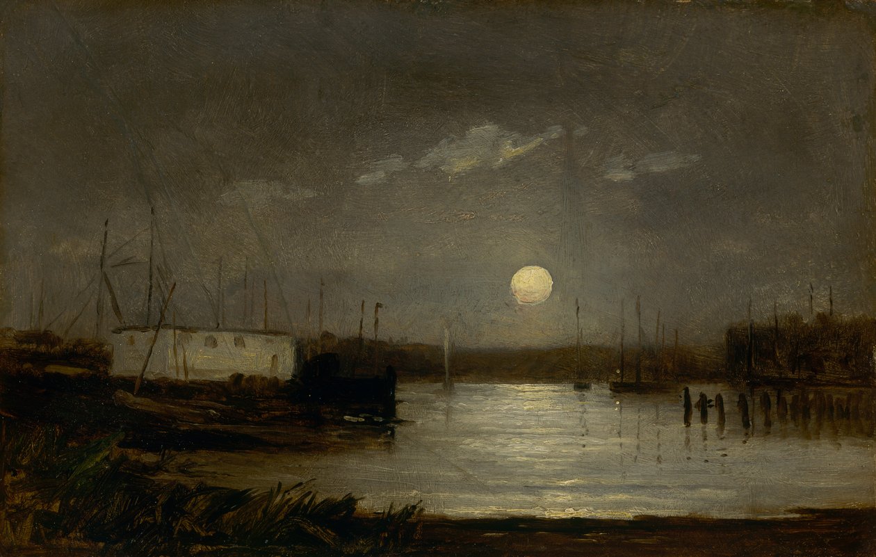 Namnlös måne över en hamn, kajscen med fullmåne och master av båtar, ca. 1868. av Edward Mitchell Bannister
