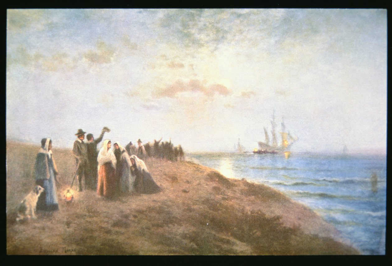 Pilgrimernas ombordstigning (olja på duk) av Edward Moran
