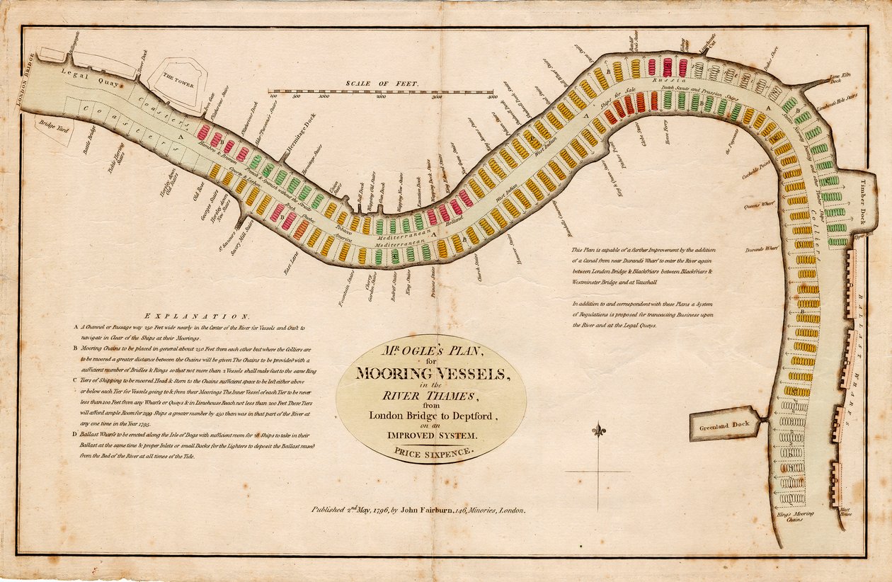 Mr Ogles plan, för förtöjning av fartyg, i Themsen, från London Bridge till Deptford, på ett förbättrat system av Edward Ogle