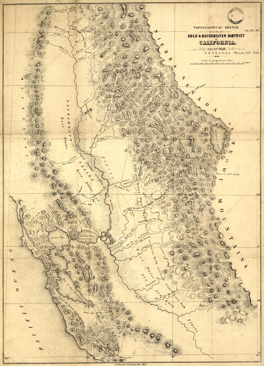 Topografisk skiss över guld- och kvicksilverdistriktet i Kalifornien, 1848 av Edward Otho Cresap Ord