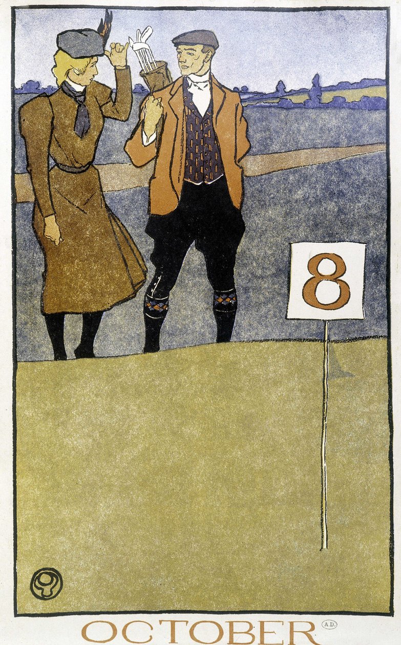 Par som spelar golf - i "" Golf Calendar"" av Edward Penfield, red. 1899 av Edward Penfield