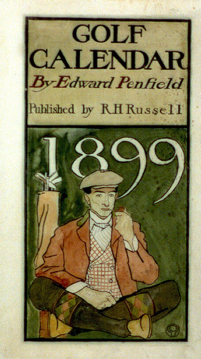 Golfspelare som sitter vid klubbor och ritar i akvareller. (1899?) av Edward Penfield 1866-1925, amerikansk konstnär. av Edward Penfield