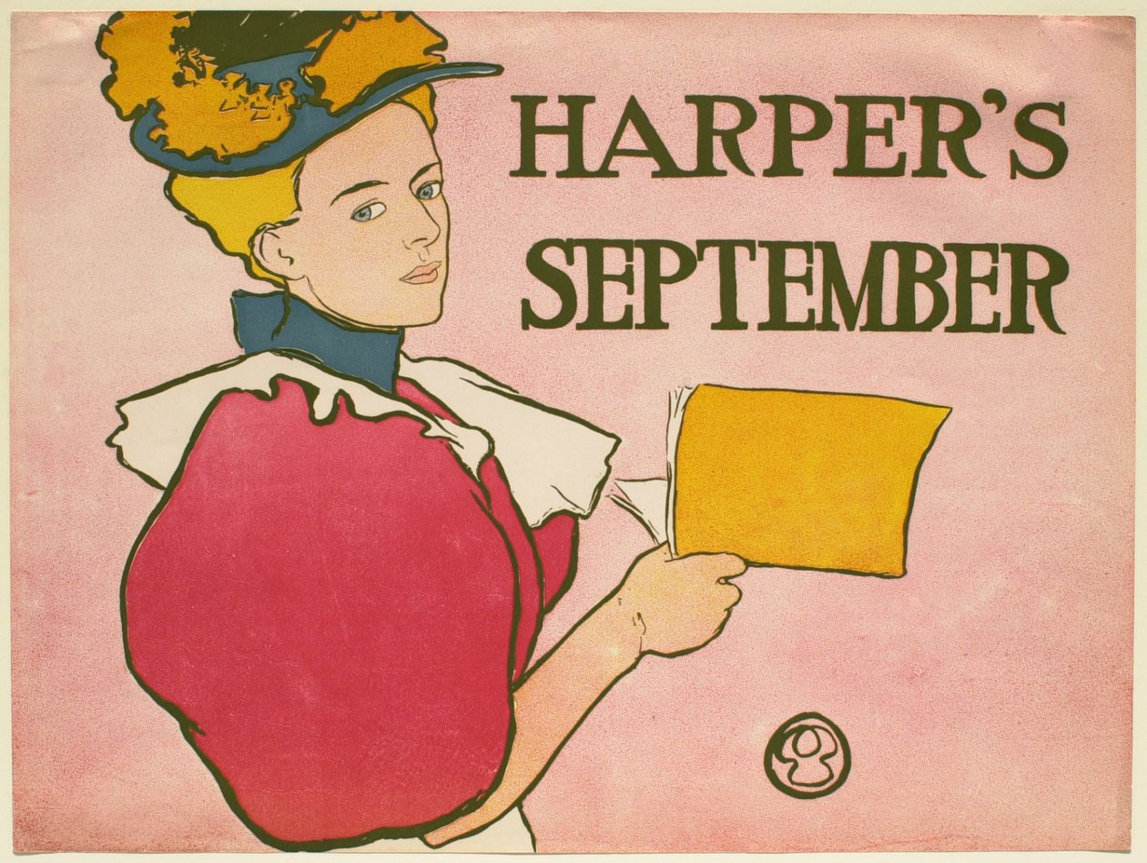 Ung kvinna i mörkrosa klänning med ett nummer av Harper