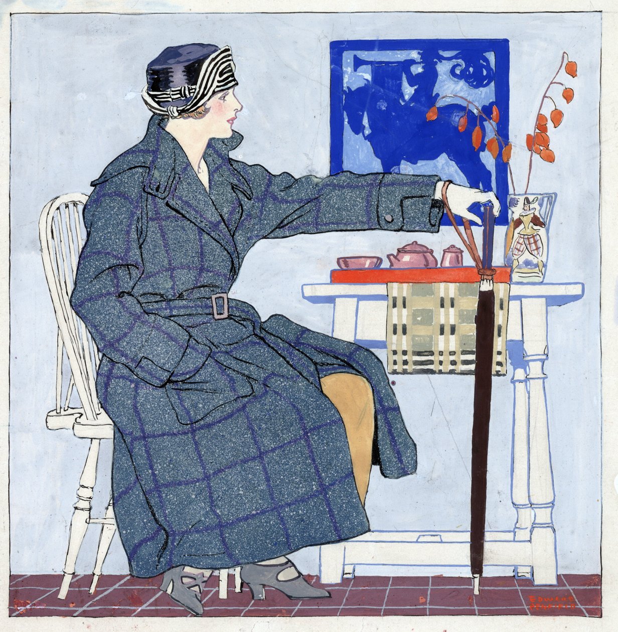 Ung kvinna som sitter bredvid bordet håller paraplyet av Edward Penfield