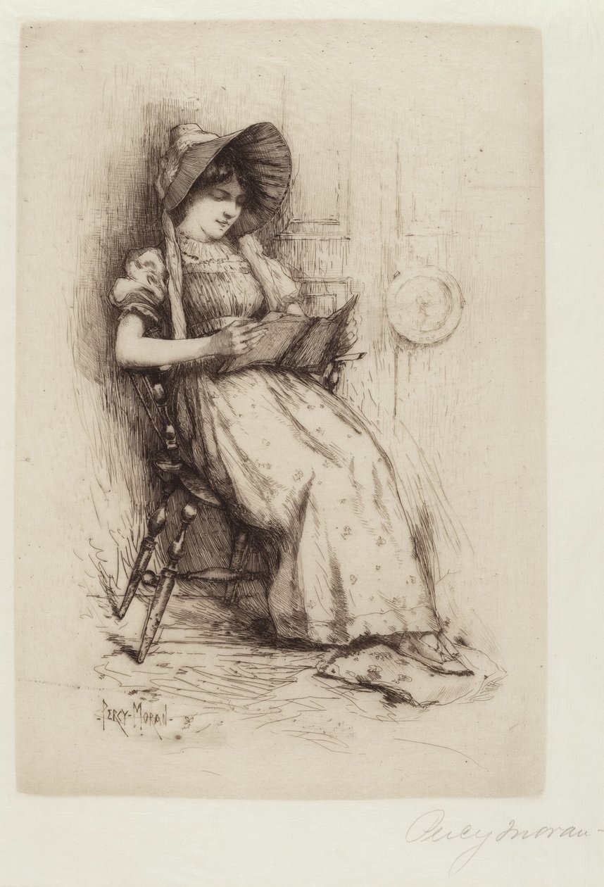 Utan titel (Ung flicka med hatt, i stol, läsning) av Edward Percy Moran
