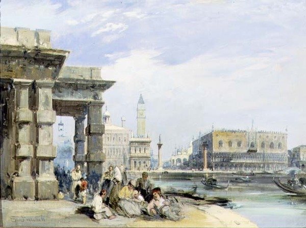 Utsikt över Piazzetta och Palazzo Ducale från Dogana di Mare, Venedig (olja på duk) (par 94869) av Edward Pritchett