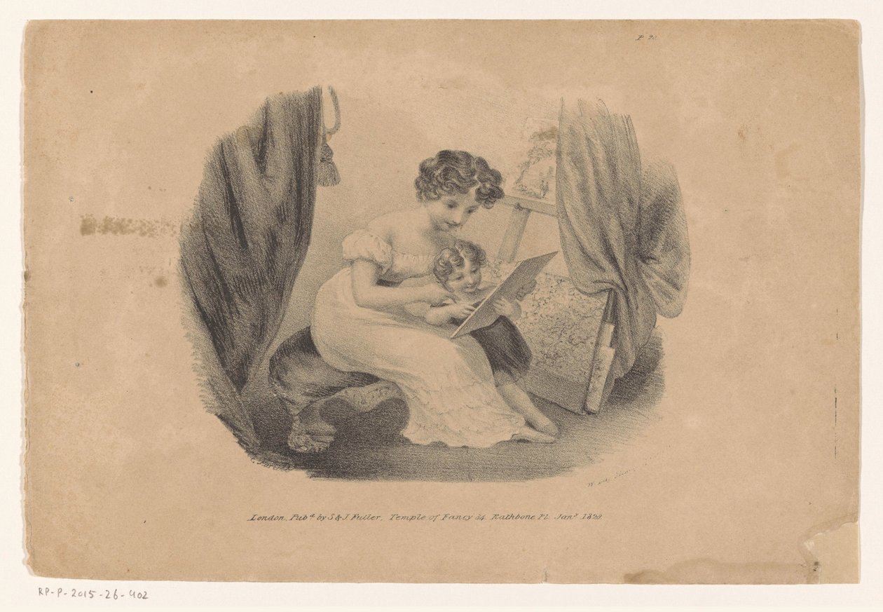 Kvinna och barn tittar på en bild av Edward Purcell