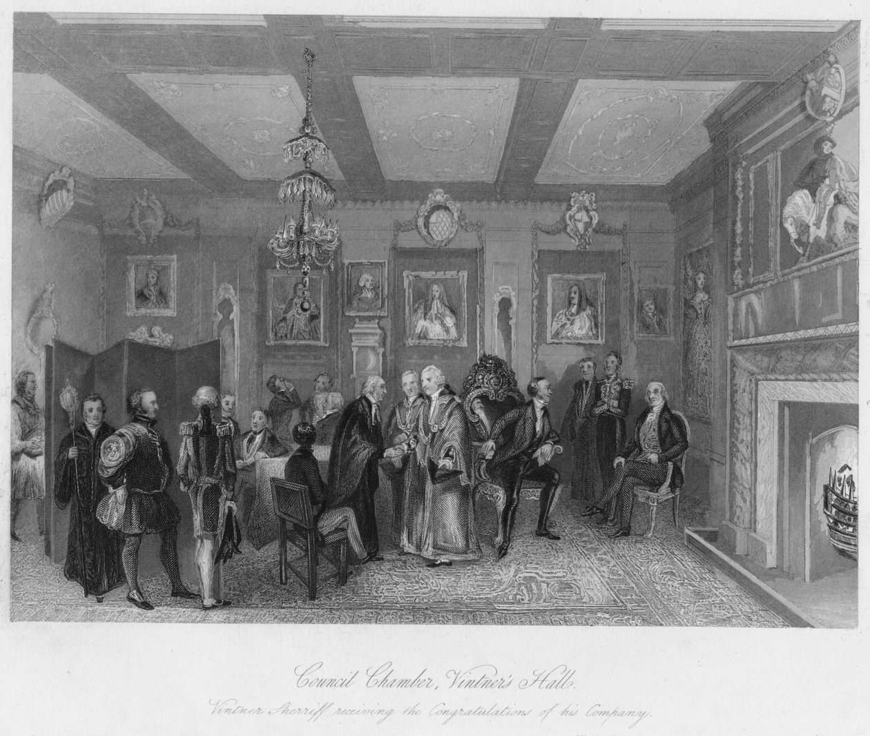 Rådssalen, Vintners Hall. Vintner sherriff tar emot gratulationerna från sitt företag, c1 av Edward Radclyffe