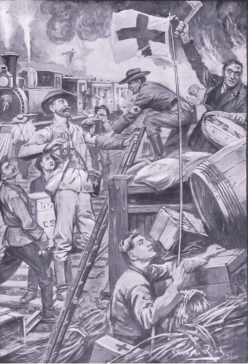 Falsk ambulansman förstör butiker vid Komati Foort under täckmantel av Röda Korsets flagga, illustration från After Pretoria: The Guerilla War, 1902 av Edward Read
