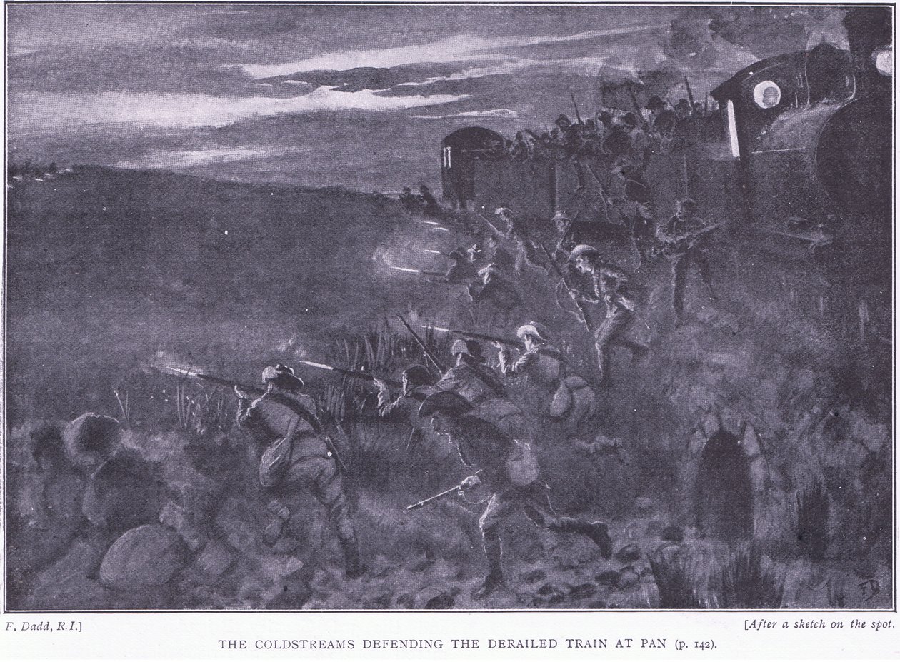 Coldstreams försvarar ett urspårat tåg, illustration från After Pretoria: The Guerilla War, 1902 av Edward Read