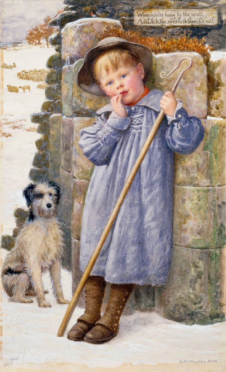 "Dick the Shepherd" En liten herde med fingrarna i munnen, klädd i smocka. Målning av Edward Robert Hughes (1851-1914) (pre-rafaelit) 1902 Privat samling av Edward Robert Hughes