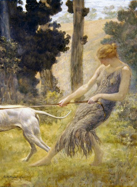 Kvinna som går med sin hund (tempera ombord) av Edward Robert Hughes