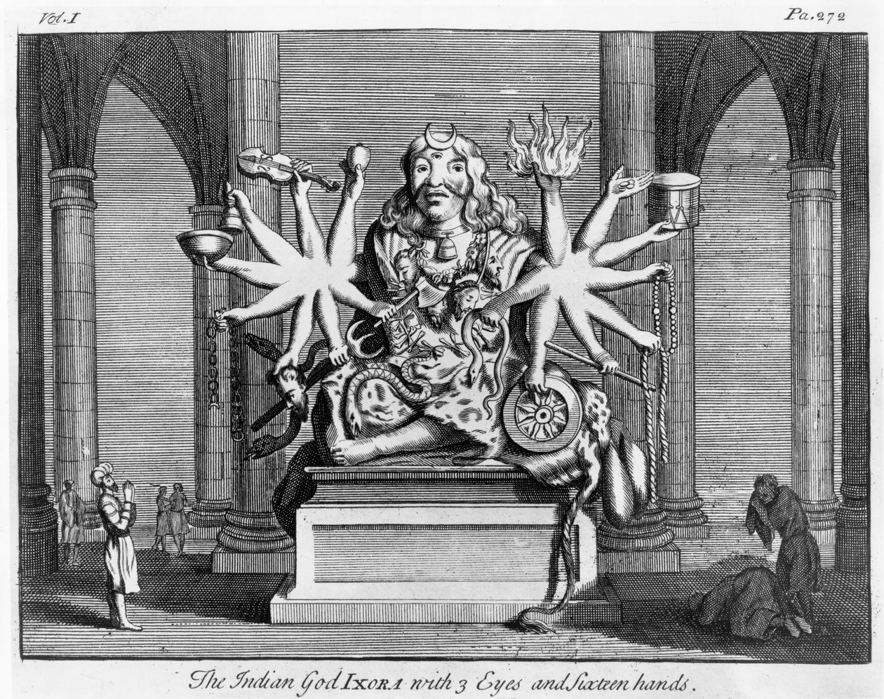 Den indiska guden Ixora med 3 ögon och sexton händer, c.1780 av Edward Rooker
