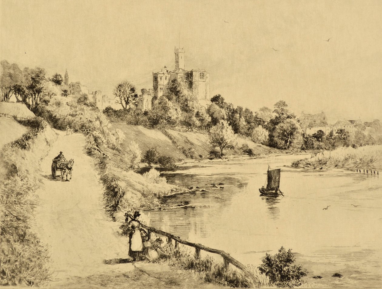The Coquet: Warkworth Castle från vägen till Amble, ca 1880 (etsning) av Edward Slocombe