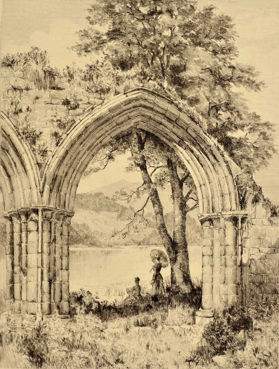 The Forth: Lake of Menteith från Inchmahome Priory, ca 1880 (etsning) av Edward Slocombe