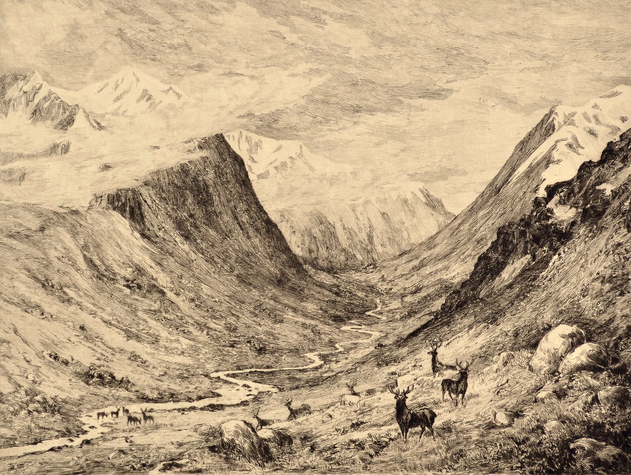 The Highland Dee: Meeting of Garchary och Larig Burns, ca 1880 (etsning) av Edward Slocombe