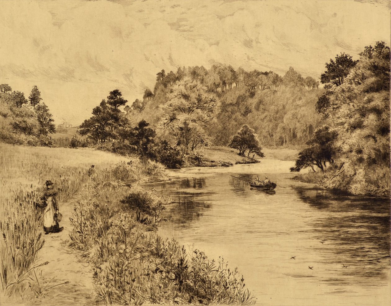 The Wear: The Wear Near Durham, ca 1880 (etsning) av Edward Slocombe