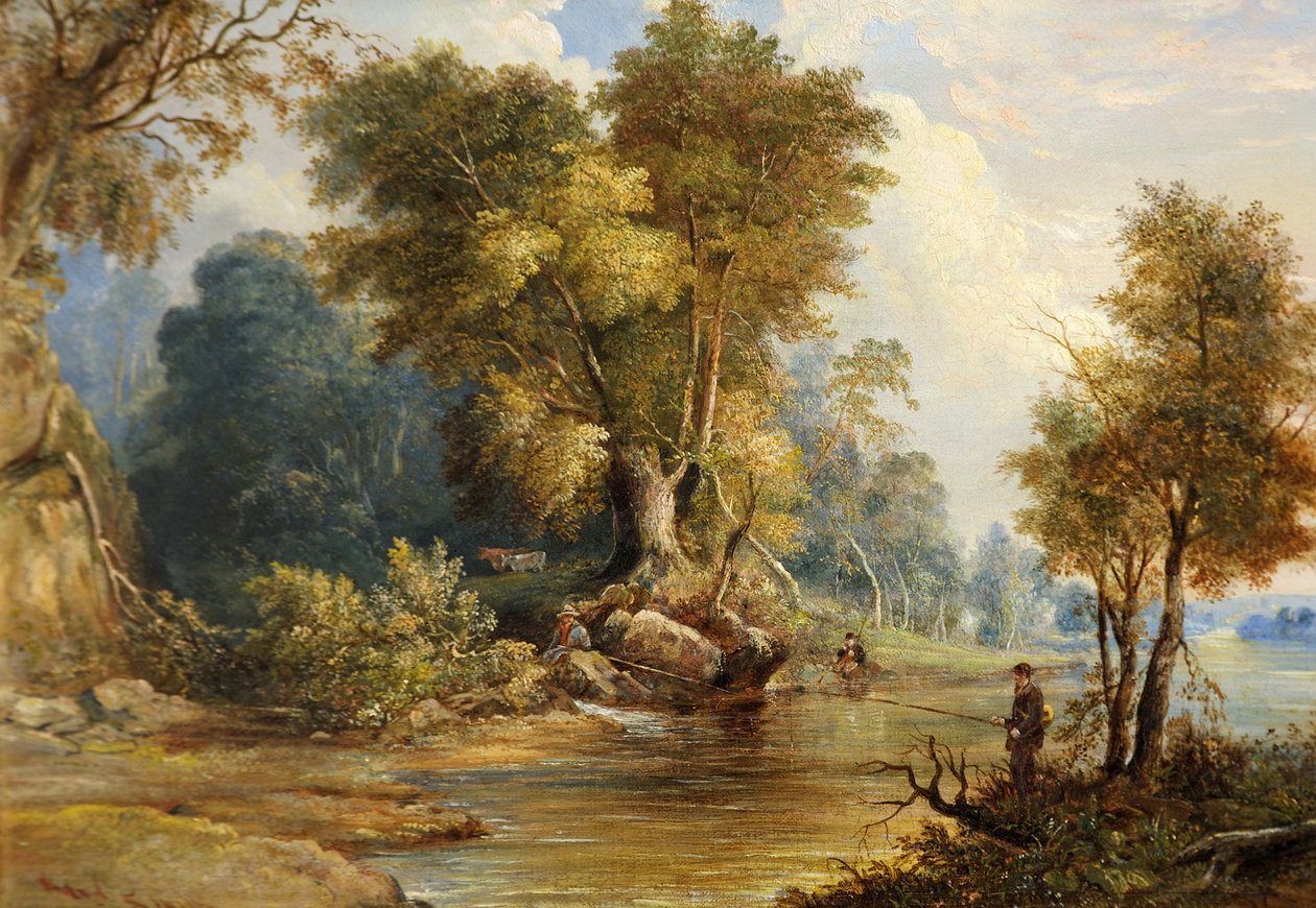River Scene with Anglers, the Leadon, Gloucestershire, c.1880 av Edward Smith