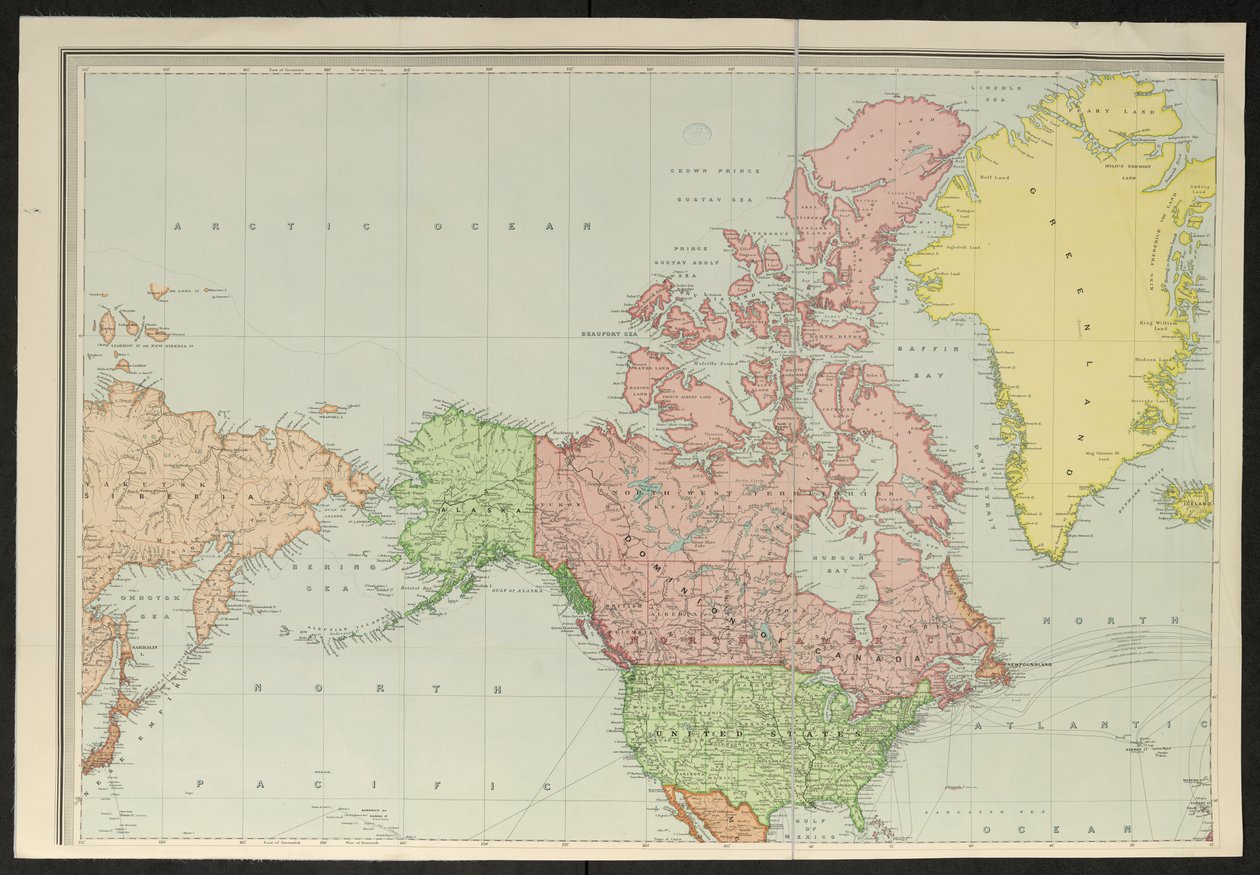 Karta över Sibirien; Alaska; Kanada; Förenta staterna; och Grönland, Stanfords New Library Chart of the World av Edward Stanford