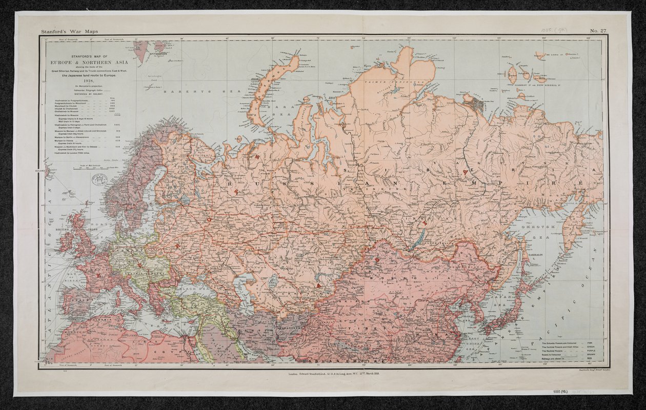 Stanfords krigskartor nr 27, karta över Europa och norra Asien som visar vägen för den stora sibiriska järnvägen och stamförbindelserna öst och väst, den japanska landvägen till Europa av Edward Stanford