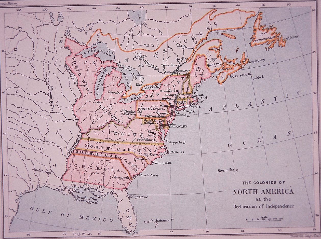 Kolonierna i Nordamerika vid självständighetsförklaringen (färg litho) av Edward Stanford