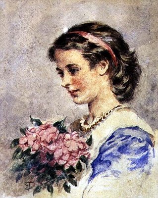 Ung flicka med en knippe rosa blommor (akvarell över blyerts på papper) av Edward Tayler