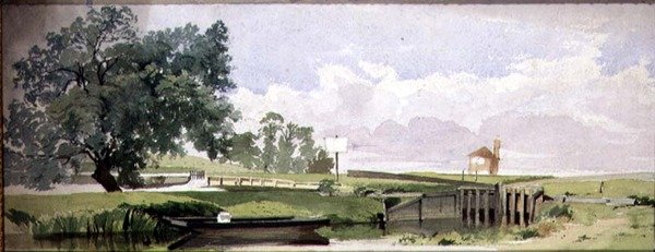 En flodlandskap med ett lås, ca 1860 (akvarell och blyerts på papper) av Edward W. Robinson