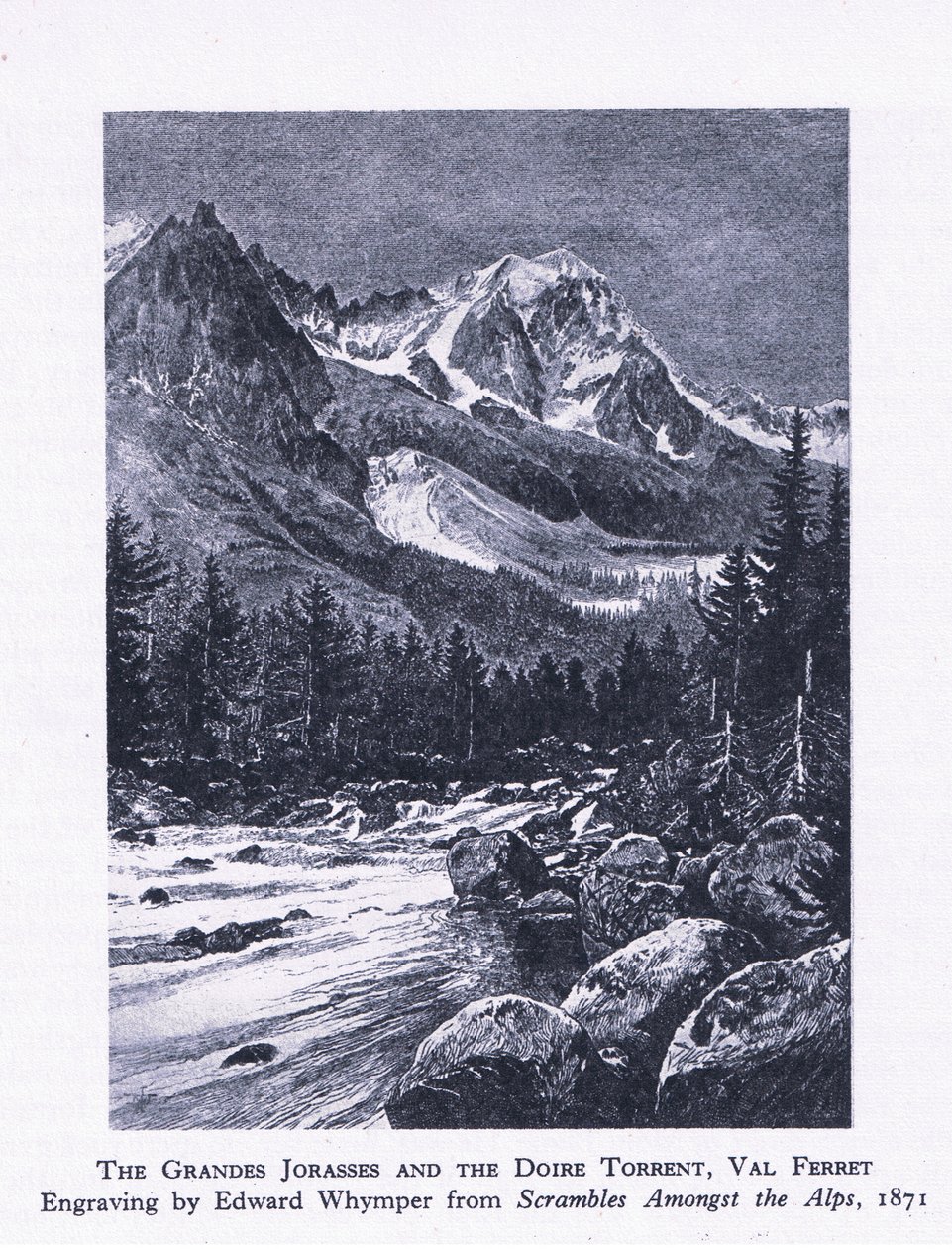 The Grand Jorasses and the Doire Torrent, Val Ferrett, från British Adventure publicerad av Collins, 1947 av Edward Whymper
