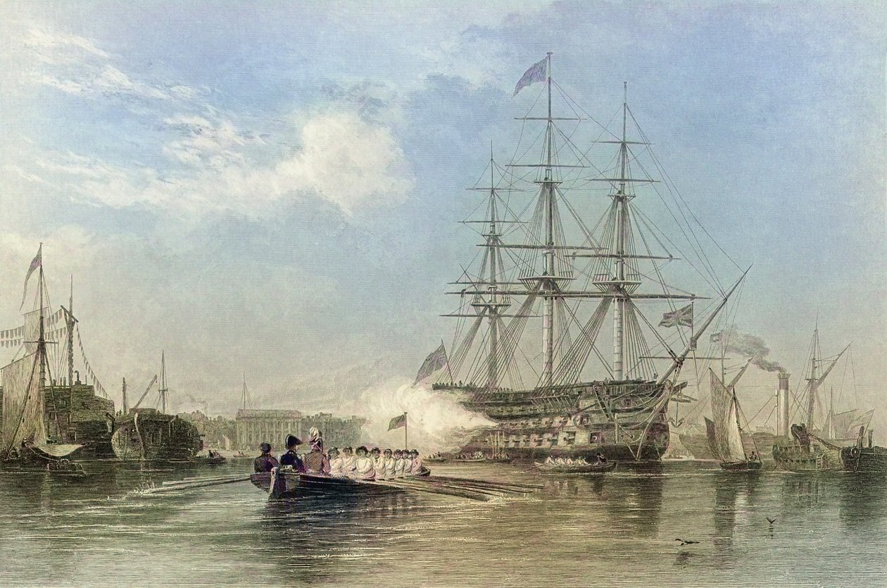 Brittiska flottans flaggskepp hälsar i Gosfords hamn, England. 1800-talet (gravyr) av Edward William (after) Cooke