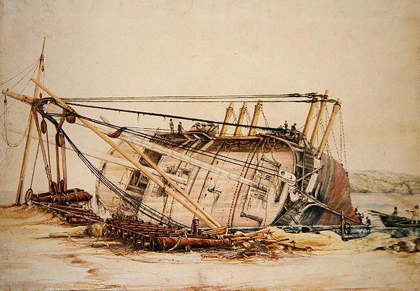 A Beached Brig (akvarell på papper) av Edward William Cooke