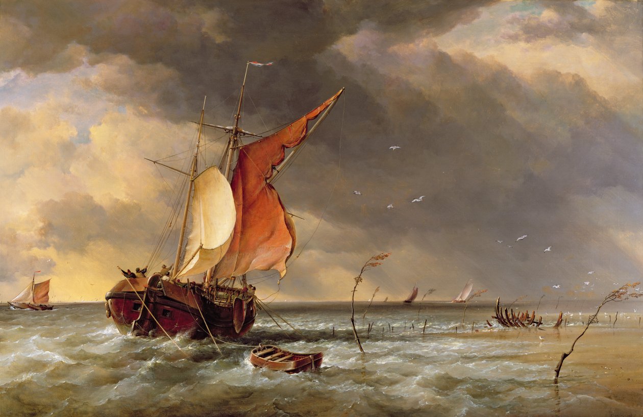En holländsk Galliot på grund på en sandbank på Bies Bosch, Holland, 1878 av Edward William Cooke