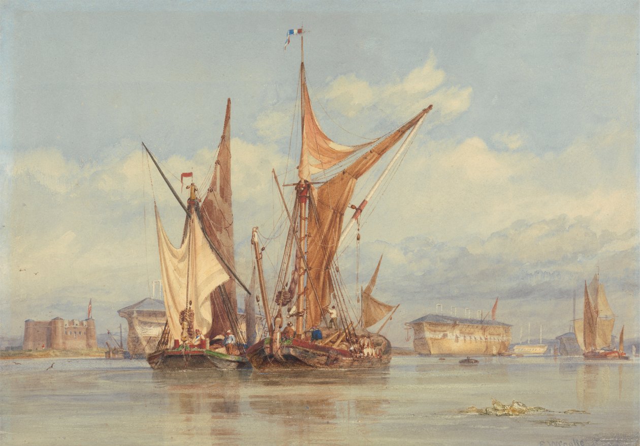 Bombsäkert batteri nära Gillingham, på Medway... av Edward William Cooke