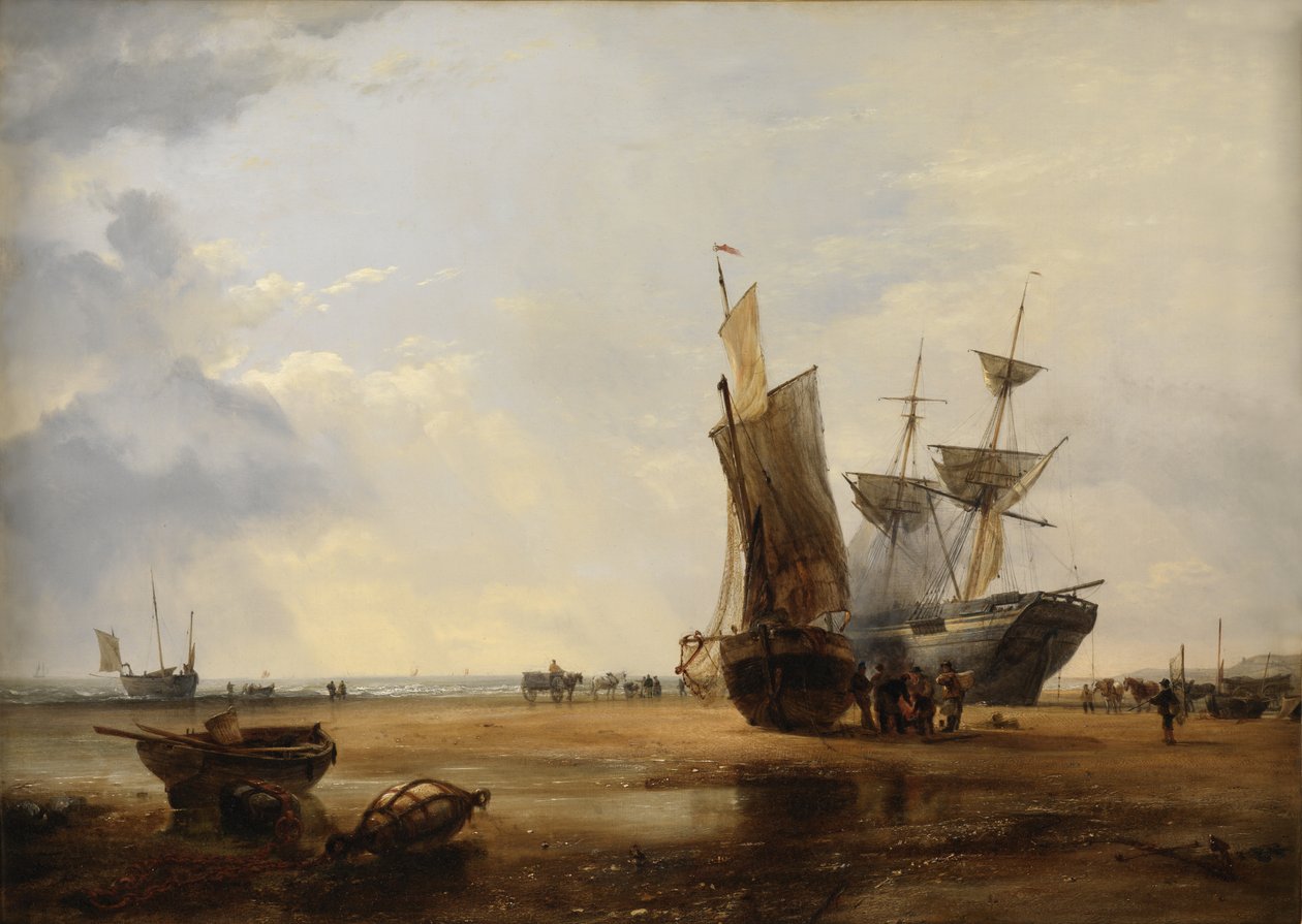 Brig on Sands: Vessels on the Sands at Hastings, 1836 av Edward William Cooke