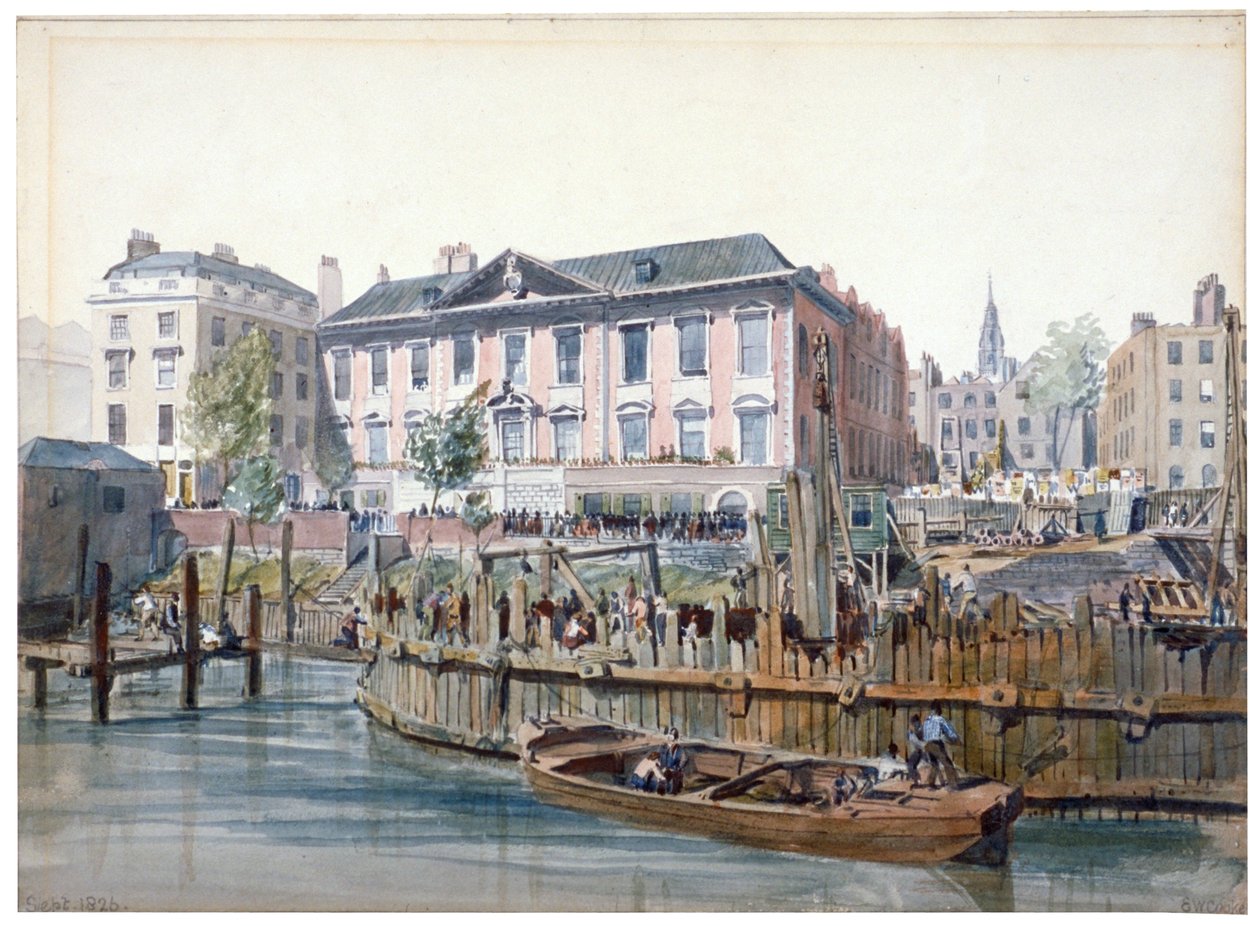 Byggandet av London Bridge, 1826 av Edward William Cooke