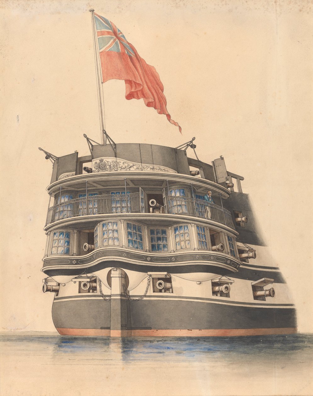 Detaljvy av aktern på HMS "Asia" med flaggan i topp. av Edward William Cooke