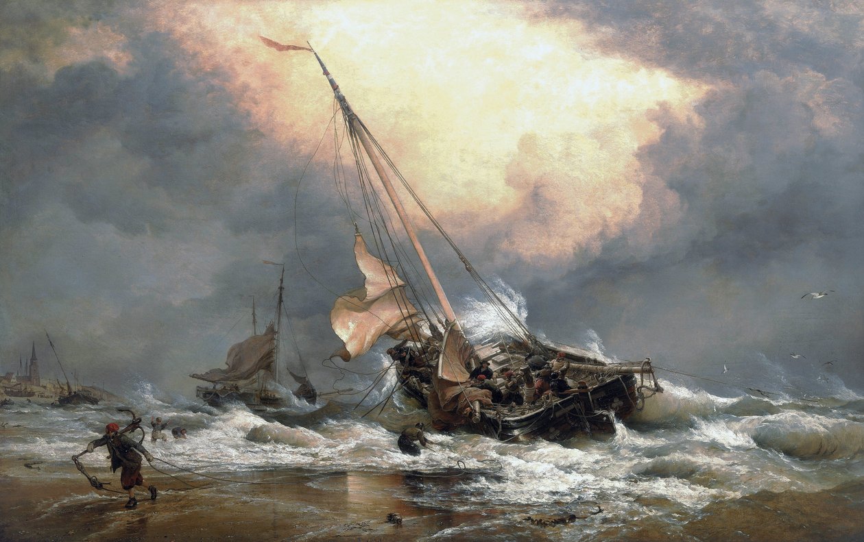 Fiskare drar upp sina båtar på Nordsjöns strand, nära Scheveningen (Holland). Olja på duk av Edward William Cooke