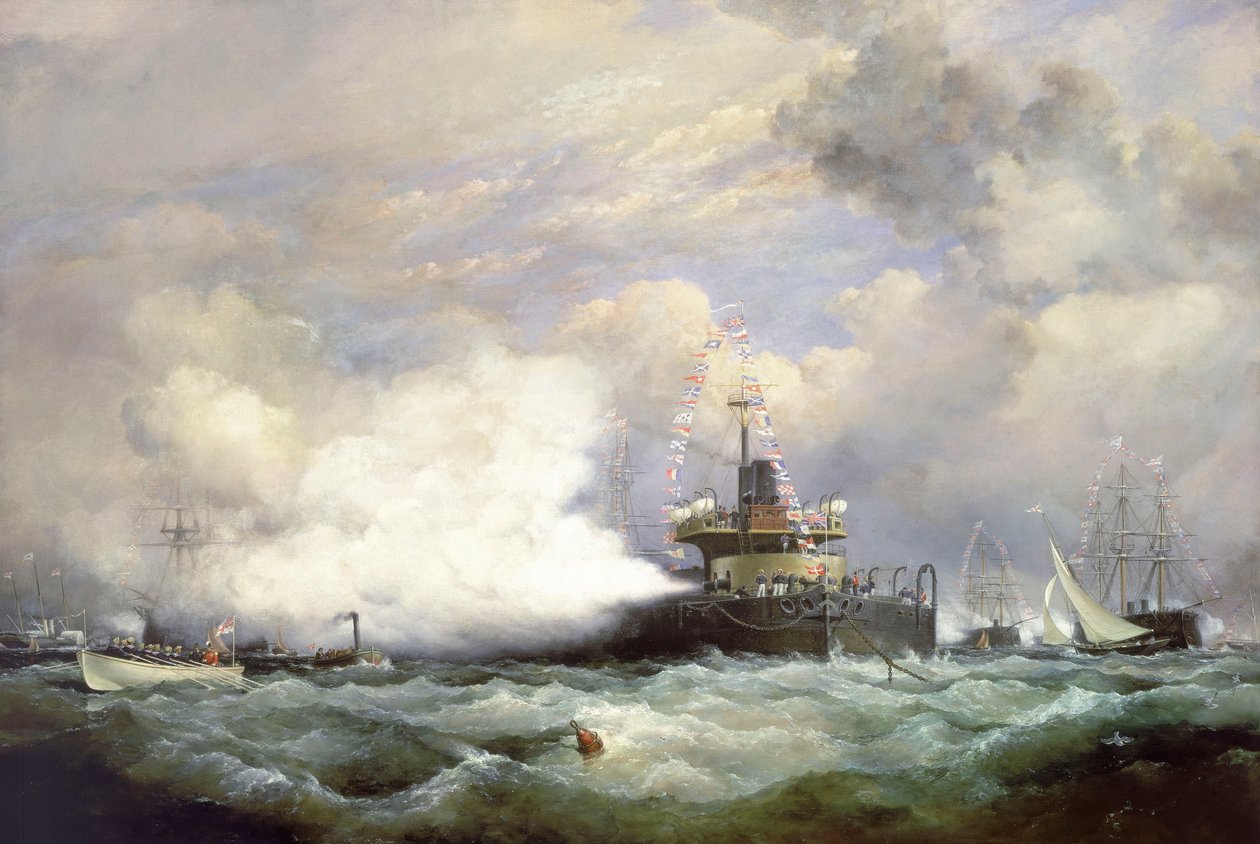 HM Turret Ship "Devastation" vid Spithead i samband med den marina genomgången till Shahen av Persiens ära, 23 juni 1873 av Edward William Cooke