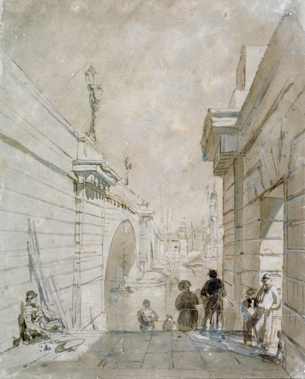 London Bridge blickar norrut från den övre trappavsatsen nära Tooley Street, 1833 av Edward William Cooke