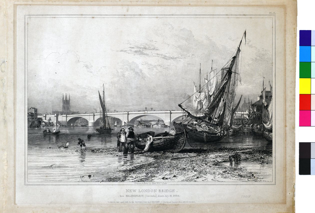 New London Bridge från Billingsgate (lågt vatten) av Edward William Cooke