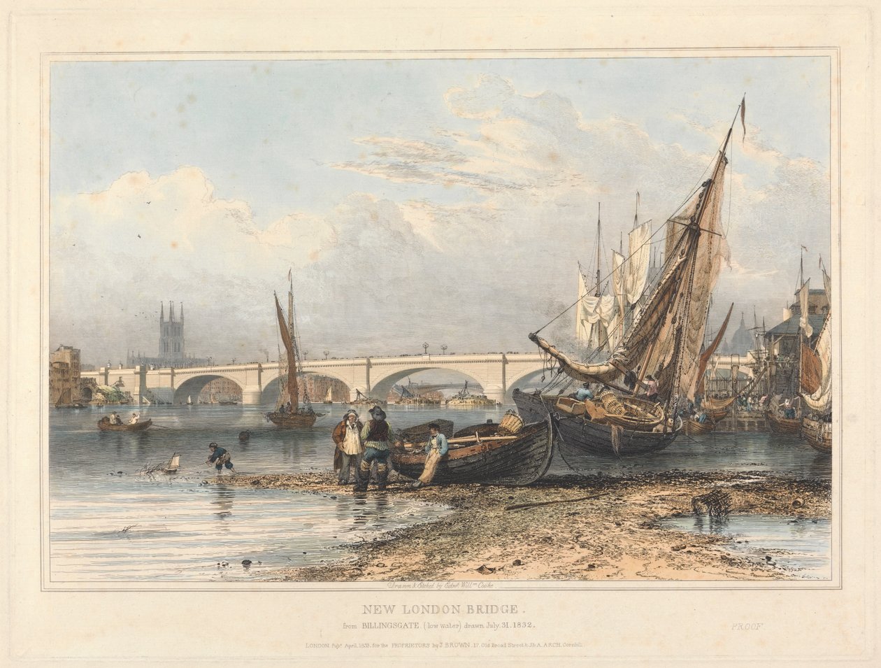 New London Bridge från Billingsgate (lågt vatten) av Edward William Cooke