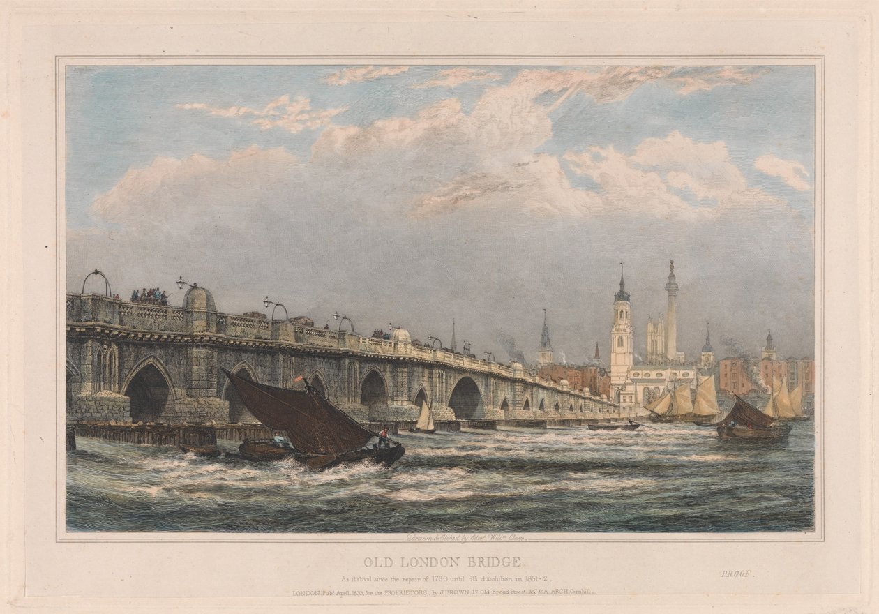 Gamla London Bridge efter reparationen 1700 fram till 1831/1832 av Edward William Cooke