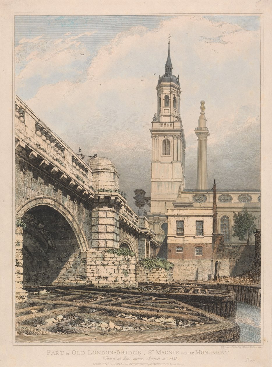 En del av den gamla Londonbron, St. Magnus och Monumentet av Edward William Cooke